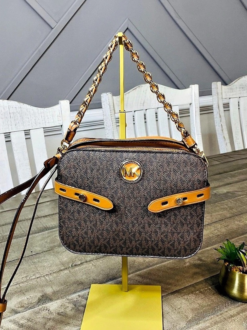 Michael Kors Carmen Large Logo Camera Bag Crossbody Brown Acorn Monogram NWOT